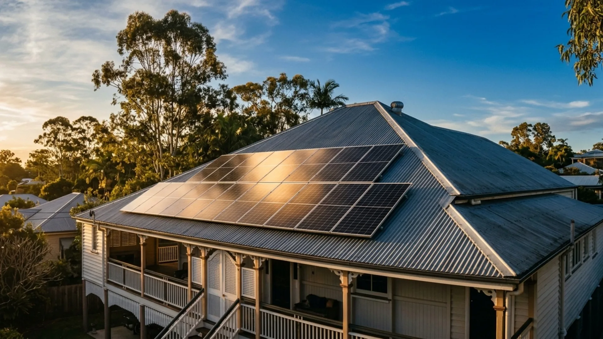 Brisbane Queenslander home with a clean solar panel array on a corrugated iron roof at golden hour, deep blue Queensland sky in background